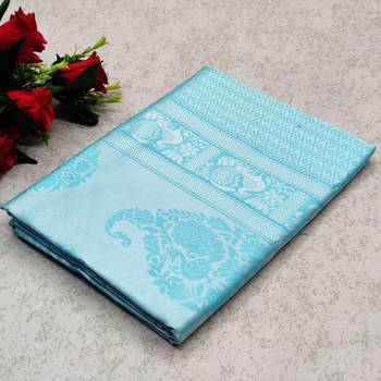 Sky blue silk blend jacuard work festival saree with unstitched blouse piece 4