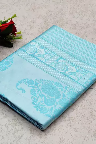 Sky blue silk blend jacuard work festival saree with unstitched blouse piece