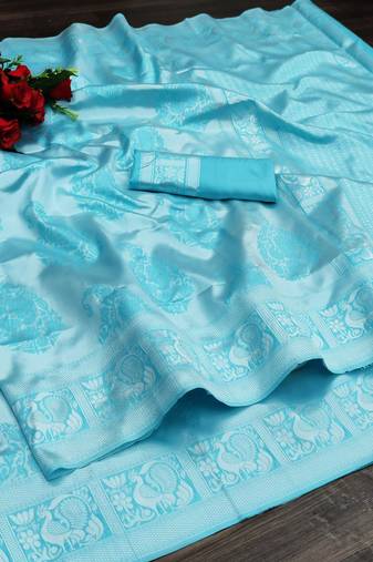 Sky blue silk blend jacuard work festival saree with unstitched blouse piece
