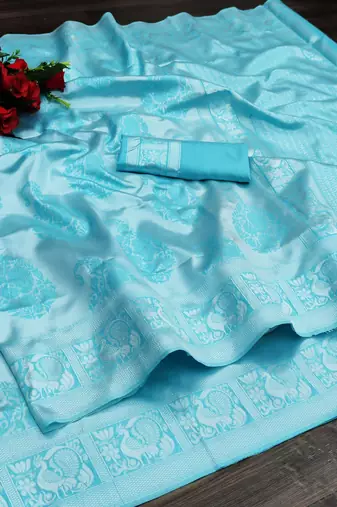 Sky blue silk blend jacuard work festival saree with unstitched blouse piece