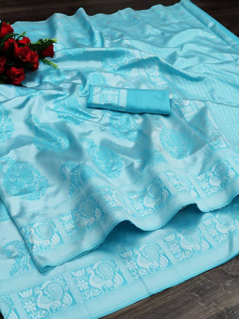Sky blue silk blend jacuard work festival saree with unstitched blouse piece