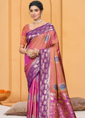 dusty rose pink color beautiful soft silk blend woven designer partywear ethnic saree 2
