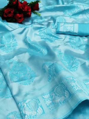 Sky blue silk blend jacuard work festival saree with unstitched blouse piece 5