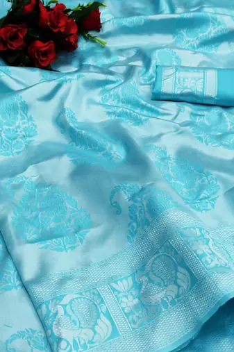 Sky blue silk blend jacuard work festival saree with unstitched blouse piece