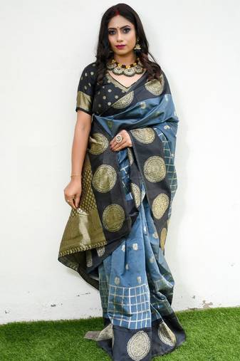 Grey black silk blend jacuard work festival saree with unstitched blouse piece