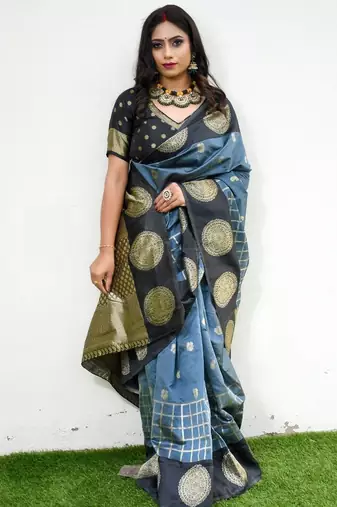 Grey black silk blend jacuard work festival saree with unstitched blouse piece