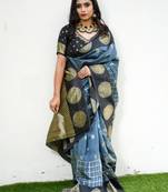 Grey black silk blend jacuard work festival saree with unstitched blouse piece