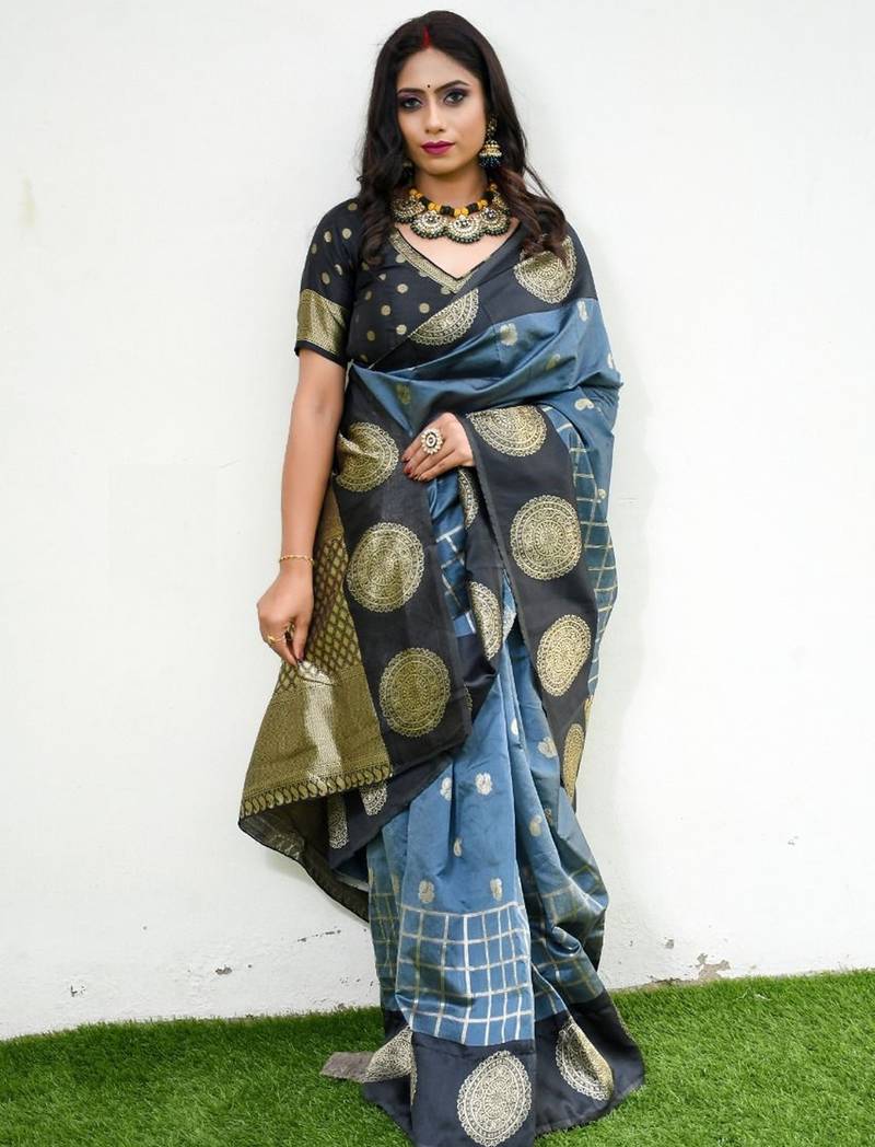 Grey black silk blend jacuard work festival saree with unstitched blouse piece