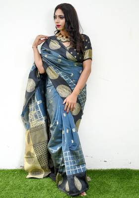 Grey black silk blend jacuard work festival saree with unstitched blouse piece 2