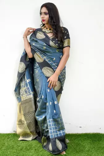 Grey black silk blend jacuard work festival saree with unstitched blouse piece