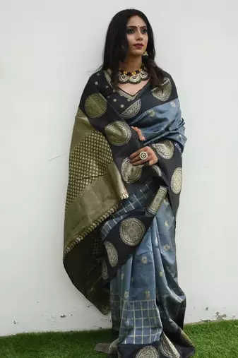 Grey black silk blend jacuard work festival saree with unstitched blouse piece