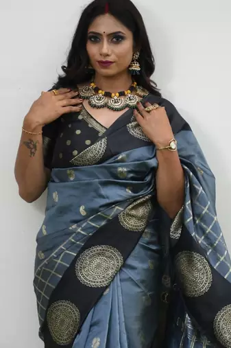 Grey black silk blend jacuard work festival saree with unstitched blouse piece