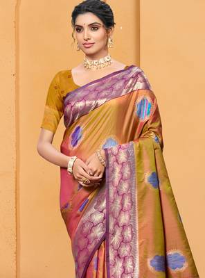 mustard gold color beautiful soft silk blend woven designer partywear ethnic saree 2