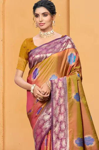 mustard gold color beautiful soft silk blend woven designer partywear ethnic saree