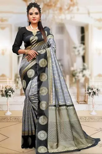 Grey black silk blend jacuard work festival saree with unstitched blouse piece