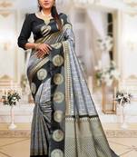 Grey black silk blend jacuard work festival saree with unstitched blouse piece