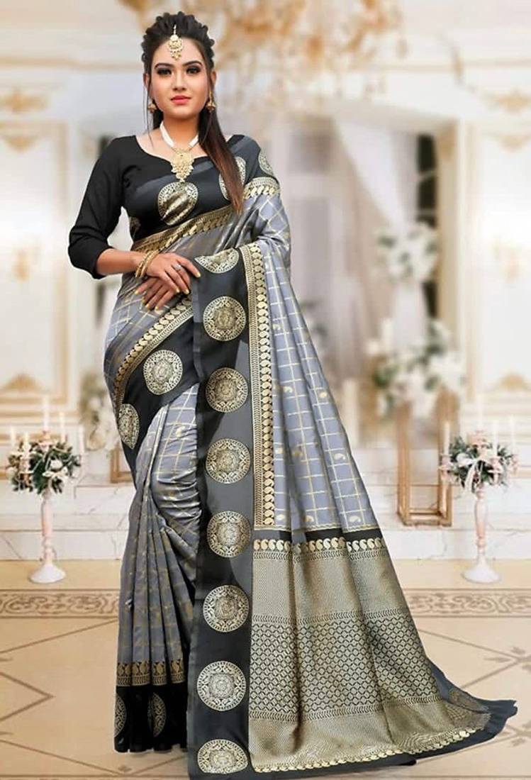 Grey black silk blend jacuard work festival saree with unstitched blouse piece