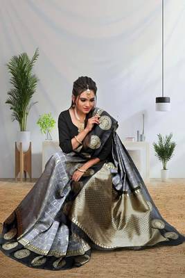 Grey black silk blend jacuard work festival saree with unstitched blouse piece 2