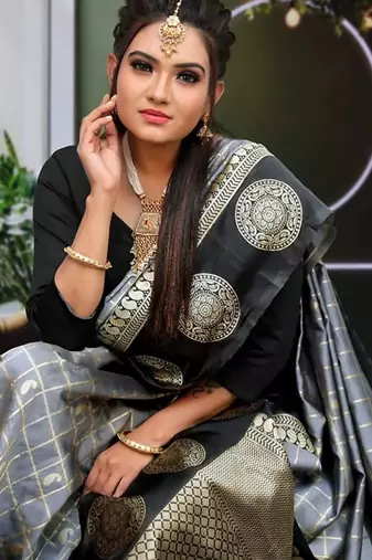 Grey black silk blend jacuard work festival saree with unstitched blouse piece