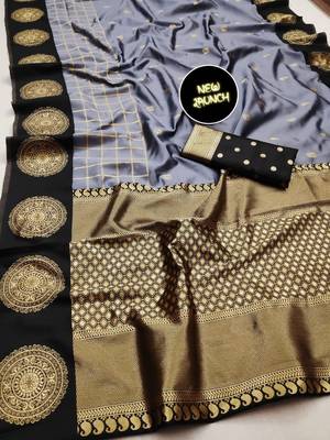 Grey black silk blend jacuard work festival saree with unstitched blouse piece 4