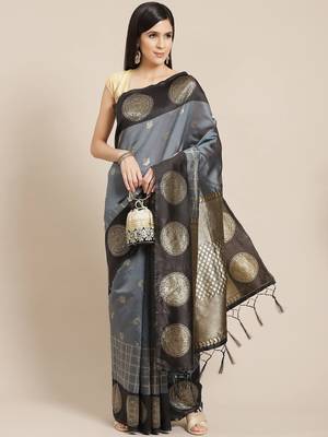 Grey black silk blend jacuard work festival saree with unstitched blouse piece 1