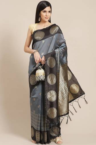 Grey black silk blend jacuard work festival saree with unstitched blouse piece