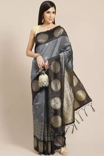 Grey black silk blend jacuard work festival saree with unstitched blouse piece