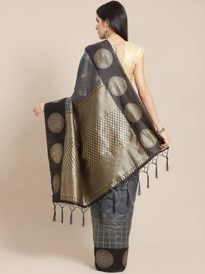 Grey black silk blend jacuard work festival saree with unstitched blouse piece 2