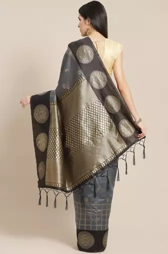 Grey black silk blend jacuard work festival saree with unstitched blouse piece