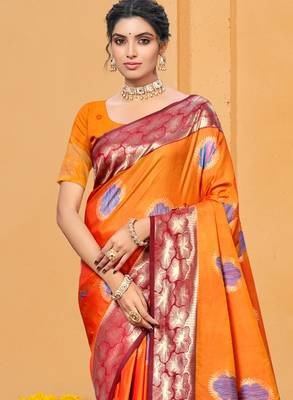 bright orange color beautiful soft silk blend woven designer partywear ethnic saree 2