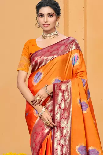 bright orange color beautiful soft silk blend woven designer partywear ethnic saree