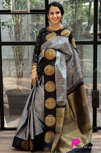 Grey black silk blend jacuard work festival saree with unstitched blouse piece