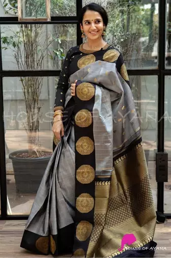 Grey black silk blend jacuard work festival saree with unstitched blouse piece