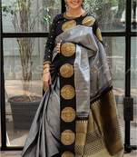 Grey black silk blend jacuard work festival saree with unstitched blouse piece