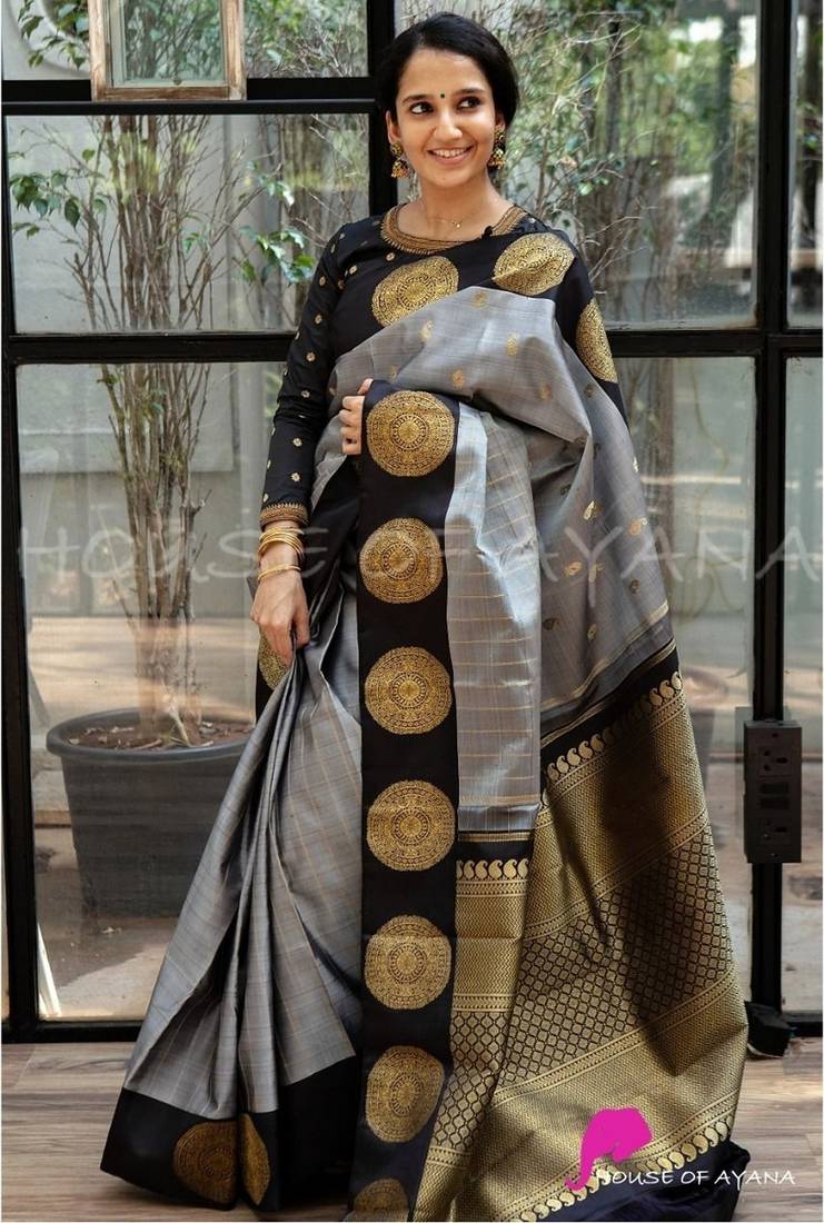 Grey black silk blend jacuard work festival saree with unstitched blouse piece