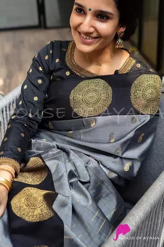 Grey black silk blend jacuard work festival saree with unstitched blouse piece