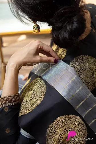 Grey black silk blend jacuard work festival saree with unstitched blouse piece