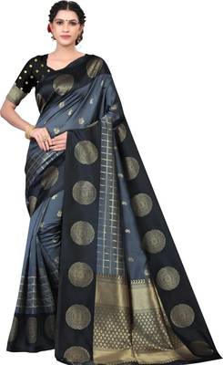 Grey black silk blend jacuard work festival saree with unstitched blouse piece 1