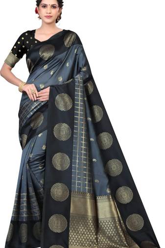 Grey black silk blend jacuard work festival saree with unstitched blouse piece