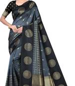 Grey black silk blend jacuard work festival saree with unstitched blouse piece