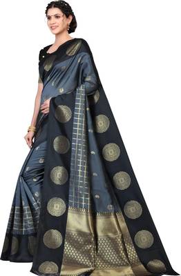 Grey black silk blend jacuard work festival saree with unstitched blouse piece 2