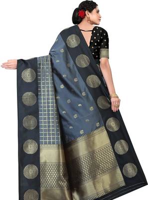 Grey black silk blend jacuard work festival saree with unstitched blouse piece 3