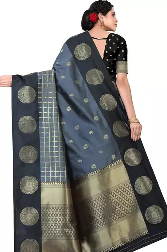 Grey black silk blend jacuard work festival saree with unstitched blouse piece
