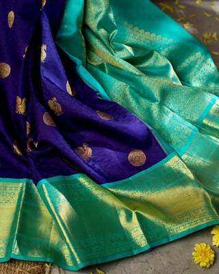 Blue turquoise silk blend jacuard work festival saree with unstitched blouse piece 2