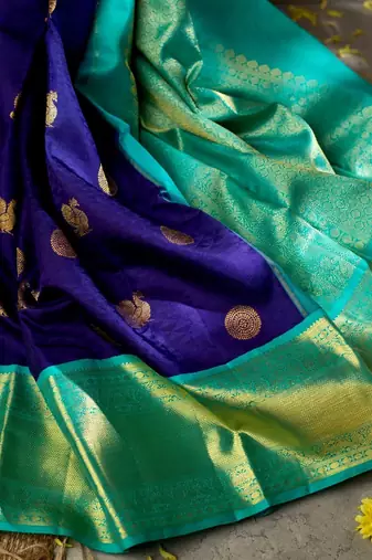 Blue turquoise silk blend jacuard work festival saree with unstitched blouse piece