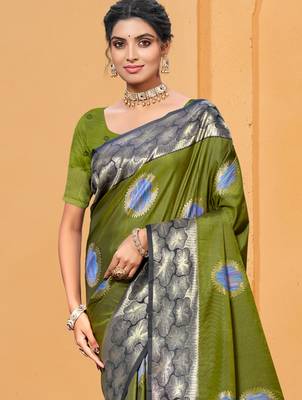 olive green color beautiful soft silk blend woven designer partywear ethnic saree 2