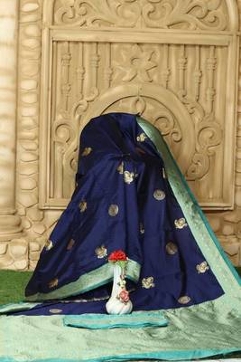 Blue turquoise silk blend jacuard work festival saree with unstitched blouse piece 3