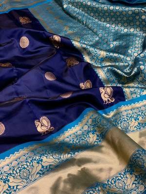 Blue turquoise silk blend jacuard work festival saree with unstitched blouse piece 4