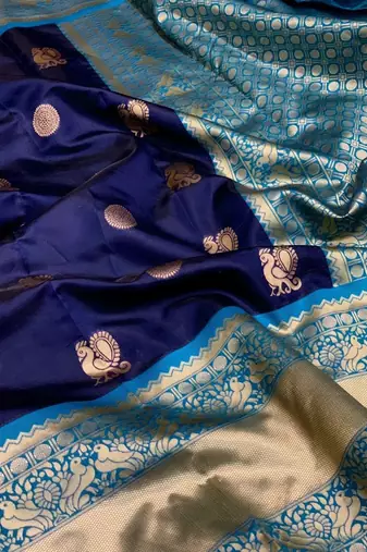 Blue turquoise silk blend jacuard work festival saree with unstitched blouse piece