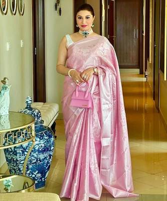 Baby pink silk blend jacuard work festival saree with unstitched blouse piece 1